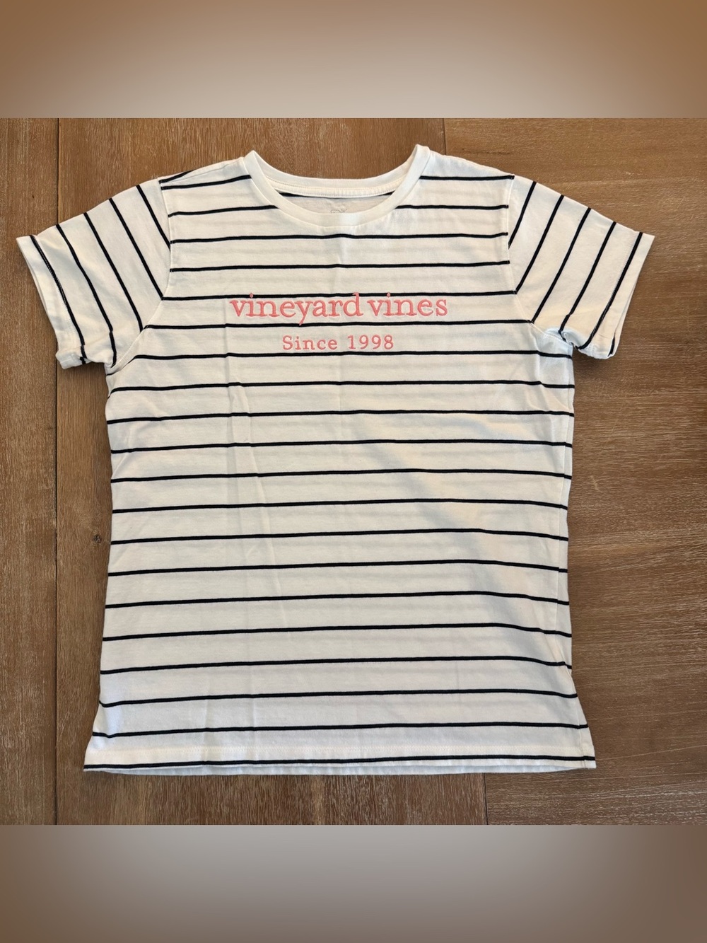 Vineyard Vines Striped Tee White & Navy Stripes with Pink Lettering